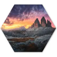 MuchoWow Hexagon wanddecoratie - Kunststof Wanddecoratie - Hexagon Schilderij - Rotsen - Berg - Zonsondergang - Landschap - 75x65 cm