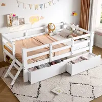 MODFU - Platformbed Met Beschermhekje En 2 Laden - Laag Model - MDF En Multiplex - Wit - 90 x 200 cm