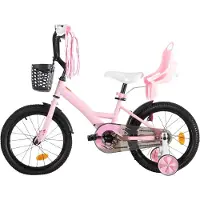 Happiq Kinderfiets – Voor meisjes 3–10 jaar – Met zijwieltjes, streamers, mand en poppenzitje – Roze-14 Inch