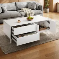 OKWISH Salontafel - Rechthoekige Opbergtafel Met 2 Lades En 2 Deuren - Voor Woonkamer - MDF En Spaanplaat Wit - 100 x 50 x 39,5 cm