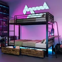 Sweiko Stapelbed - 90 x 200 cm - Metalen frame - Met bureau - LED-verlichting - 2 lades - Met oplaadaansluiting - Kinderbed - Zwart