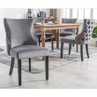 HAUSS SPOLE Eetkamerstoel - Luxe Velvet Design - Set Van 4 - Met Knopenstiksel En Gewatteerde Zitting - Voor Eetkamer En Woonkamer - Hout Grijs