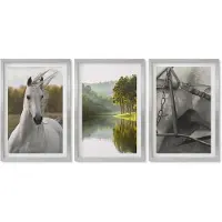 Wallfluent 4-Delige Schilderij Set - Witte paarden aan de rivier - Natuurlandschap - 40 x 60 cm - Stijlvolle Wanddecoratie - Interieur