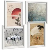 Tulup 4-Delige Schilderij Set - Illustraties van Japanse kraanvogels Japandi Landschap - 40x40 en 40x60 - Decoratieve Muurdecoratie - Slaapkamer