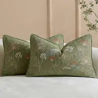 Snq 2 Stuks Geborduurde Lendenkussenslopen - 30x50 cm - Chenille met Wildbloemenmotief - Saliegroen - Voor Bank en Bed