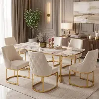 STILVORA Eetkamerstoel Set Van 6 - Velvet Met Gestikt Ruitpatroon En Gouden Metalen Poten - Voor Eetkamer En Woonkamer - Beige Goud