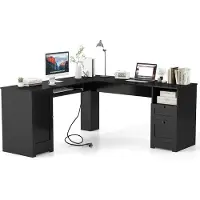 Costway Bureau L-vormig, hoekbureau met oplaadstation, toetsenbordlade, kast en 2 laden, hoekbureau, computerbureau, bureau voor thuis of op kantoor, 168 x 168 x 76 cm (zwart)
