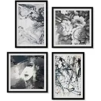 Wallfluent 4-Delige Schilderij Set - Abstracte Patronen In Zwart-Wit Tinten - 40 x 40 cm En 40 x 60 cm - Muurdecoratie - Schilderijen Set - Woonkamer
