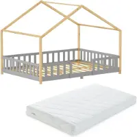 En.casa Kinderbed "Treviolo" met matras en valbeveiliging, 120x200 cm, lichtgrijs/wit
