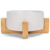 ISTOVO Luxe Kleine Witte Voerbak van Steengoed, Keramiek en Hout, Water- en Voerbak met Standaard voor Honden en Katten