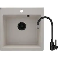 Deante Granieten spoelbak, beige kleur, met één kom, inclusief zwarte kraan, inbouwmodel, mat oppervlak, ruimtebesparende sifon, flexibele afvoer en afvoerplug van 3,5 inch