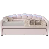 OKWISH Uittrekbare slaapbank, 90x200 cm, met uittrekbaar bed van 90x190 cm en lattenbodem, geschikt als dagbed, kinderbed of studentenbed, met veranderbare omgevingsverlichting (zonder matras) - roze