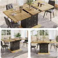 Great han Uitschuifbare eettafel 110-140 cm met LED-verlichting en opbergruimte, keukentafel met natuurlijke houtlook, eettafel voor 6 personen met 2 lades en magnetische sluiting