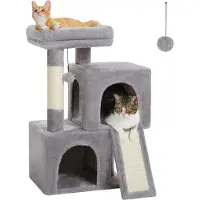 Merkloos Krabpaal 77 cm, 2 kattenhuizen, zitstang, grijze stof, voor katten