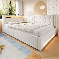 MODFU - Gestoffeerd Bed Met Opbergruimte - USB En Type-C - LED - Beige - 140x200 Cm