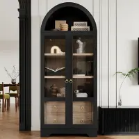 STILVORA Keukenkast Met Verstelbare Planken En Lades Van MDF En Glas - Zwart Highboard Voor Eetkamer Woonkamer En Keuken - 76,2 X 40,1 X 180 Cm