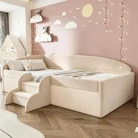Flieks kinderbed 90x190 cm met trap, kinder slaapbank/éénpersoonsbed met valbeveiliging en lattenbodem, gestoffeerd bed met fluweelbekleding, beige