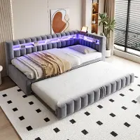 STILVORA Slaapbank 90x200 cm – Uitschuifbaar Bed met LED en USB – Opberghoofdbord – Voor Logeerkamer – Fluweel – Grijs – Zonder Matras