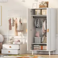 MODFU Kinderkast met 2 deuren, opbergkast met kledingstang en 2 lades, compacte garderobekast met cartoonhandgrepen en verhoogde poten, wit