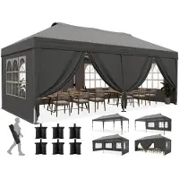 Quictent Opklapbare paviljoen, 3x6 meter, met 6 zijwanden, grijs, UV-bescherming 50+, stalen frame