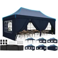 Quictent Paviljoen, 3x6 meter, waterdicht, met zijwanden, stalen frame, blauw, puntvormig dak, UV-bescherming 50+