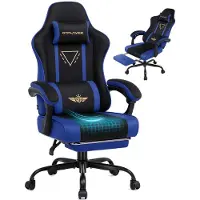 GTPLAYER Gaming stoel, ergonomische gaming fauteuil, bureaustoel met stoffen bekleding, veren kussen, verbonden armleuningen en voetsteun, draagvermogen 150 kg, blauw