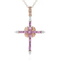 Cavill - Zilveren Ketting - 18K Rosé Goud Verguld - 12x Roze Madagaskar Saffier 0,972ct - 4x Rondgeslepen Zirkonen - Verstelbaar Elegant Kruis