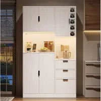 STILVORA Keukenkast - Hoge Buffetkast Met Ledverlichting, Stopcontacten En Wijnrek - 3 Lades - MDF - 105x40x180 Cm - Wit