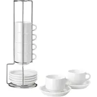 Happiq 6-delige Witte Porseleinen Kopjeset 9 oz – Met Schotels en Metalen Houder voor Espresso, Cappuccino, Latte & Thee – Wit
