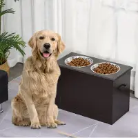 HAUSS SPOLE Voerbak – Verhoogd Voerstation Met Opbergruimte – 60 x 30 x 41 cm – MDF En RVS – Bruin – Dubbele Voerbak Voor Hond En Kat