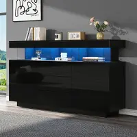 OKWISH Dressoir – Hoogglans Met Ledverlichting – 140 x 35 x 80 cm – 3 Laden En 2 Deuren – Keuken Hal Woonkamer – Zwart