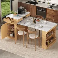 STILVORA Keukeneiland - Uitschuifbare Eettafel Met Wielen En Stopcontact - Opbergkast Met 2 Lades Voor Keuken En Eethoek - MDF - Naturel