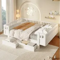 OKWISH Kinderbed 140x200 cm - Met Hoog Beschermrek En Twee Laden - Platformbed Met Lattenbodem - Zonder Matras - Hout En MDF - Wit