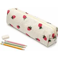VHV - Corduroy Etui met Aardbei Print - Beige - Esthetische Pennenzak voor Meisjes - Grote Make-up Tas - Schattige Stationery Pouch voor School & Kantoor