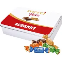 Merci Petits "Bedankt" 250g - Bedankje - Tinnen blik met mix van individueel verpakte mini chocolaatjes - Chocolade cadeau - Chocolade mix in tinbox