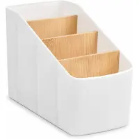 OEM VHV - Bureauorganizer met 4 compartimenten - Opbergbox van kunststof met houten scheidingen - Wit - Voor pennen, telefoon en afstandsbediening