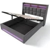 OKWISH Gestoffeerd Bed 140x200 cm - Tweepersoonsbed Met Ledverlichting En 2 Usb Aansluitingen - Met Opbergruimte - Met Matras - Grijs