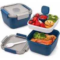 VHV Lunchbox met vakken - Bento lunchbox 1500 ml - Dubbele lunchbox - Lunchbox met sausbakje en vork - Magnetron- en vaatwasserbestendig - Blauw