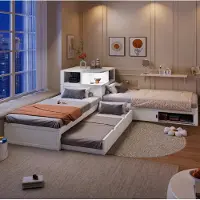 OKWISH Platformbed 90x200 cm – L-Vormig Bed Met Uitschuifbed En Schuifdeur Opbergruimte – Met Nachtlicht – Kinderkamer – MDF En Grenenhout – Wit – Zonder Matras