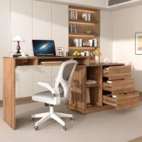 MODFU Uitschuifbaar bureau met opbergkast, toetsenbordlade en 3 lades – Multifunctionele computerbureau in walnootdecor voor thuiswerkplek en kantoor