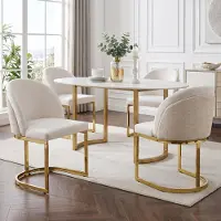 OKWISH 4-delige set eetkamerstoelen, dubbel rugleuningontwerp, goudkleurige metalen poten, keukenstoel, chenillestof, beige