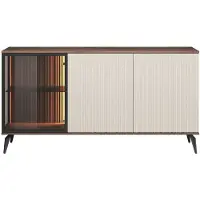 Vente-unique Dressoir 3 deuren met leds in MDF en gerookt glas - Beige en Donker Naturel - JANEYA