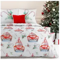 Mariall Kerst beddengoed van microvezel met auto-motief - 160 cm x 200 cm + twee kussenslopen van 70 cm x 80 cm - Merry Christmas - Kers - Dekbedovertrek - PTR-03