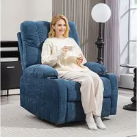 OKWISH Relaxfauteuil 88 x 96 x 108 cm - Handmatig Verstelbaar Tot 135°, Draaibaar En Schommelend - Voor Woonkamer - Stof - Blauw