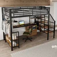 HAUSS SPOLE Hoogslaper 120x200 cm - Met Laadpunt en Opbergrek - Zonder Matras - Metaal en Hout - Zwart Donkerwalnoot