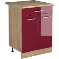 Vicco Keukenonderkast R-Line Rode hoogglans/Goudkleurig Eiken 60 cm met lade goudkleurig eiken werkblad, Model 61203