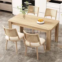OKWISH Eetkamerstoel – Set Van 4 – Rotan Rugleuning & Comfortabele PU Zitting – Licht Verplaatsbaar – Beige
