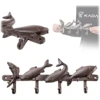 Kadax Vissen-haakrek van gietijzer 34 x 13 cm, maritieme wandkapstok met 4 haken, wandhaken, kapstokrek voor wandmontage, kledinghaken voor de hal (bruin)