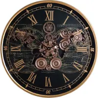 Fresco Wandklok Ø 60 cm - Bewegende Tandwielen – Wereldkaart – Zwart/Goud – Industriële Klok