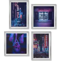 Wallfluent 4-Delige Schilderij Set - Nachtstad met neonlichten en bioscoopingang - 40 x 40 cm en 40 x 60 cm - Moderne Wanddecoratie - Slaapkamer - Woonkamer Decoratie
